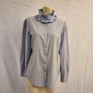 J. Crew WL Classic-Fit Ruffleneck Ctn Blue/White Striped Long Sleeve Blouse A255